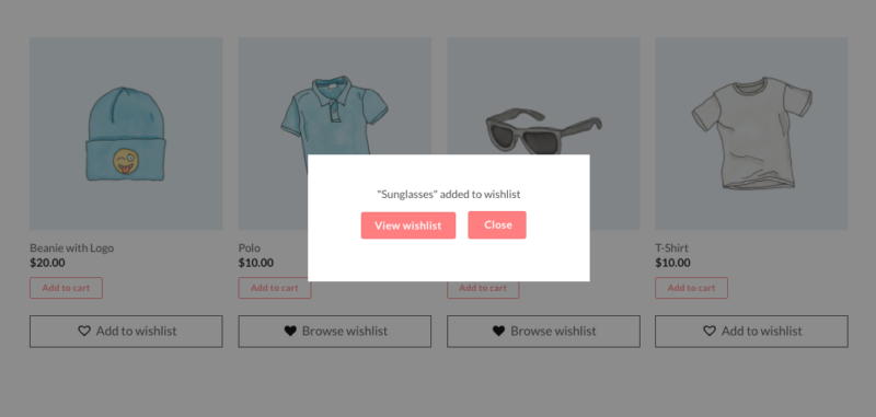 A popup on adding products to wishlist page