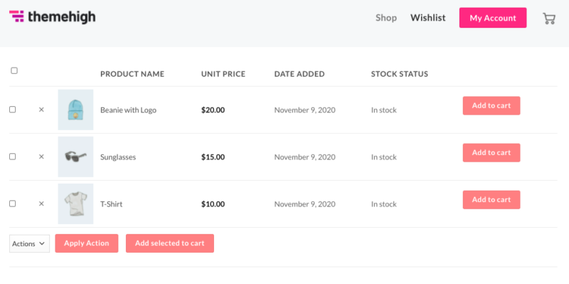 product Wishlist page for woocommerce stores